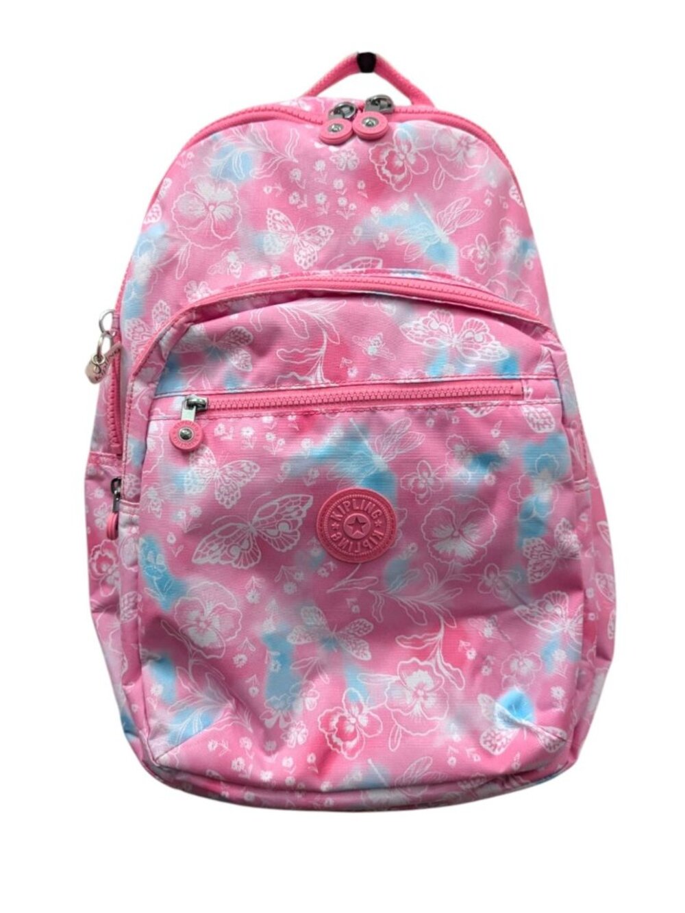 Kipling Seoul Large Pink Butterfly Flowers Garden Clouds Nylon Laptop Backpack